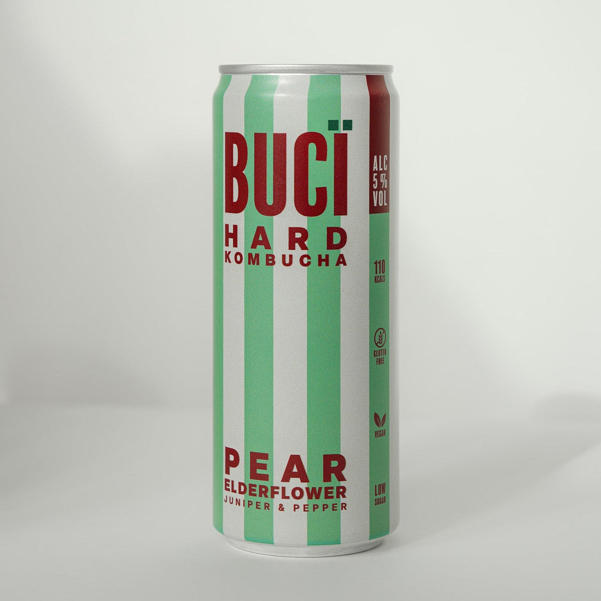 Buci Hard Kombucha can with green and red striped design on a white background