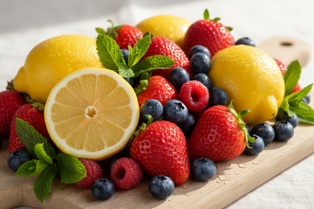 Fresh fruits (lemon, berries, mint)
