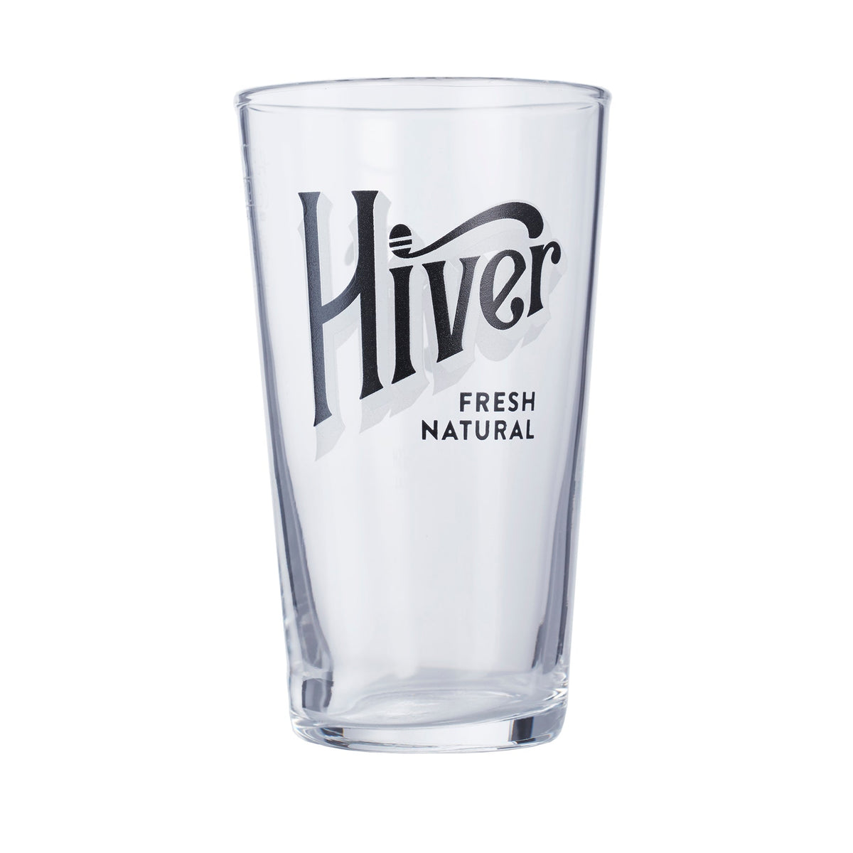 Empty Hiver branded pint glass with Fresh Natural logo on white background