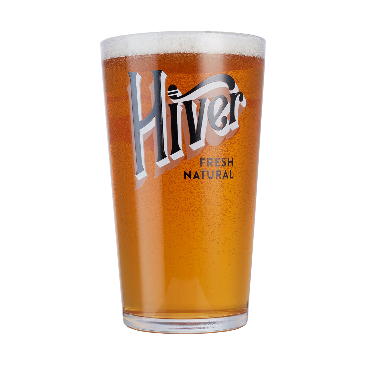 Hiver branded pint glass filled with golden beer, front view of logo