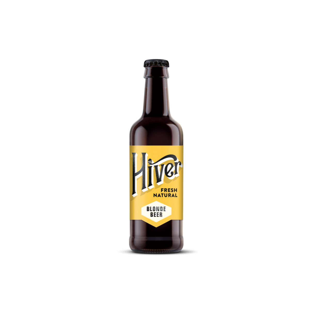 Single bottle of Hiver Blonde Beer standing against a plain grey background
