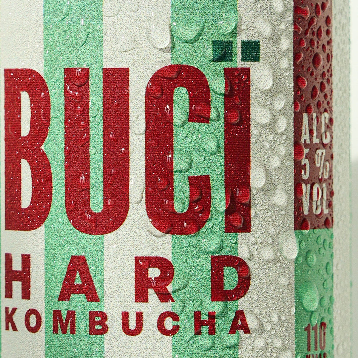 A closeup image of BUCÏ Pear & Elderflower Hard Kombucha – 330ml can