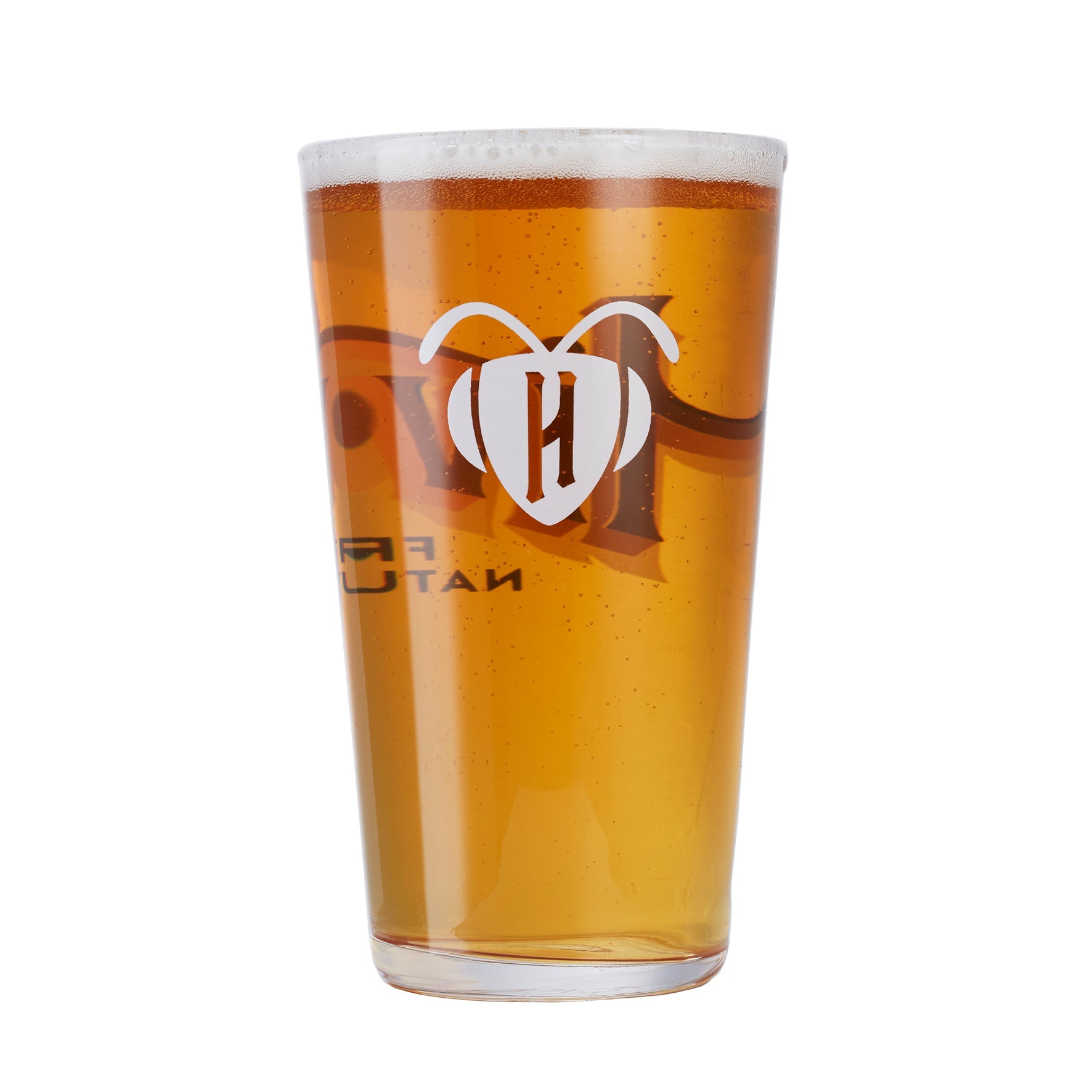 Hiver branded pint glass filled with beer, showing bee logo from the back