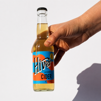 Hand holding a bottle of Hiver Honey Cider against a white background