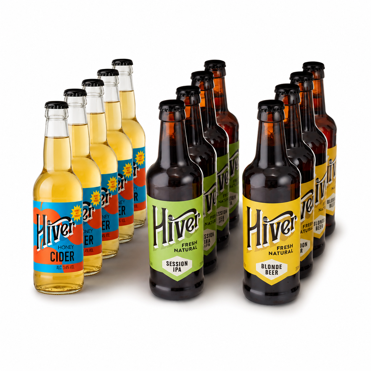 Twelve bottles of mixed Hiver Honey Cider, Session IPA and Blonde Beer arranged in rows