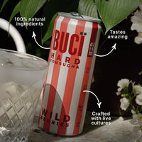 Buci Hard Kombucha can on a table with text highlighting features, surrounded by plants and flowers. Wild Berries