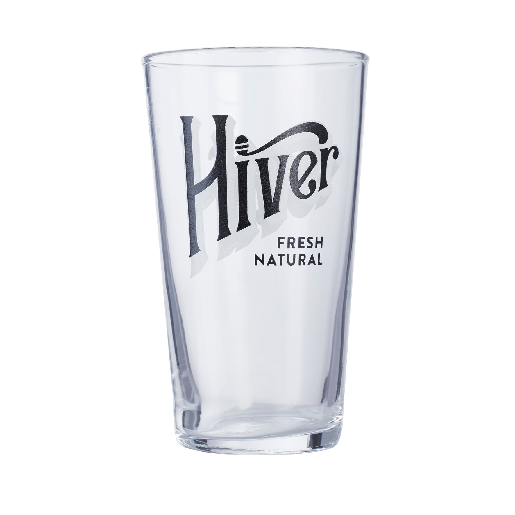 Empty Hiver branded pint glass with Fresh Natural logo on white background
