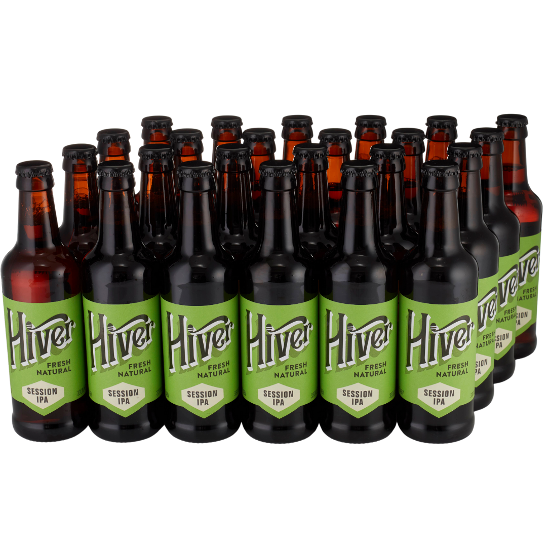 Case of 24 bottles of Hiver Session IPA arranged in rows