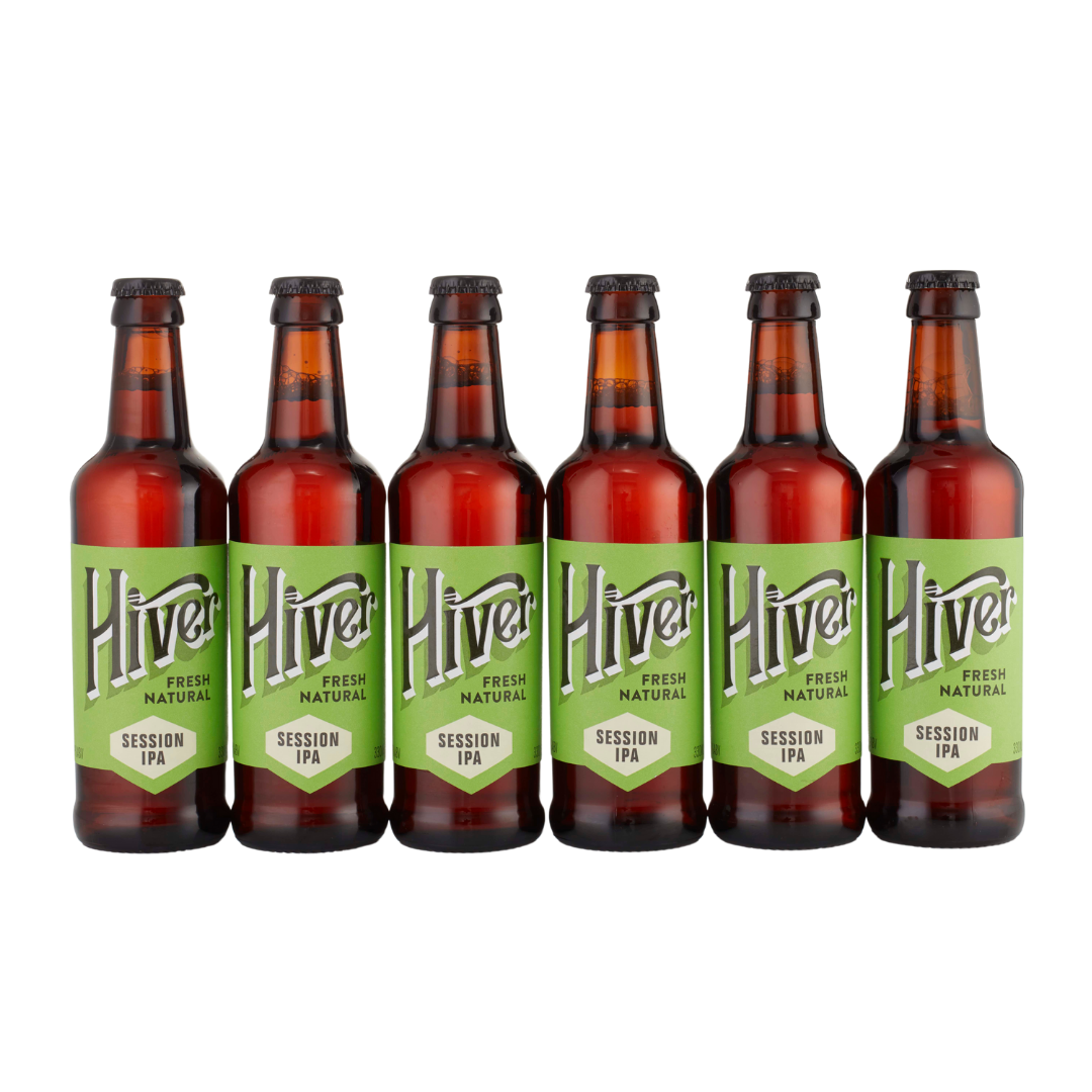 Six bottles of Hiver Session IPA standing in a row
